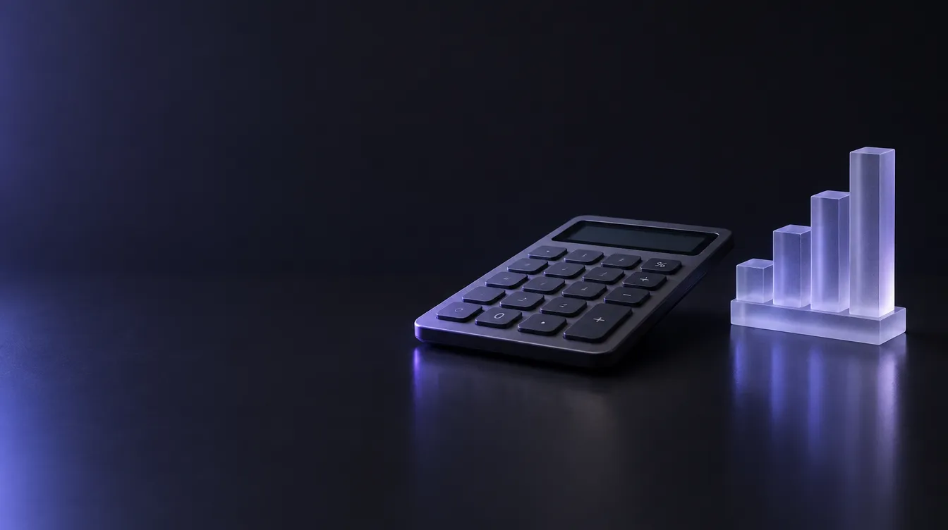 A dark calculator beside a glowing glass bar chart