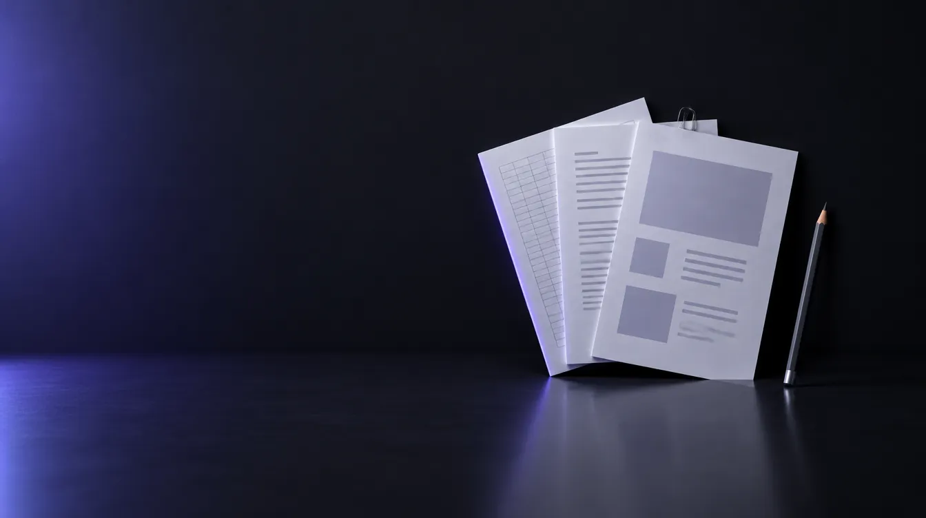 A spreadsheet, a document and a slide printout fanned out beside a pencil