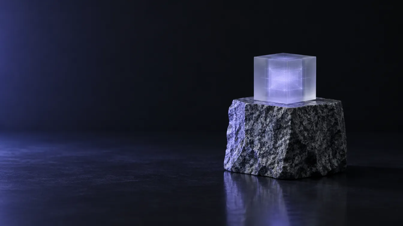 A glowing glass cube resting on a block of Alpine granite