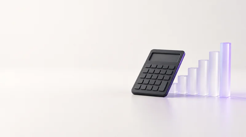 A dark calculator beside a glowing glass bar chart